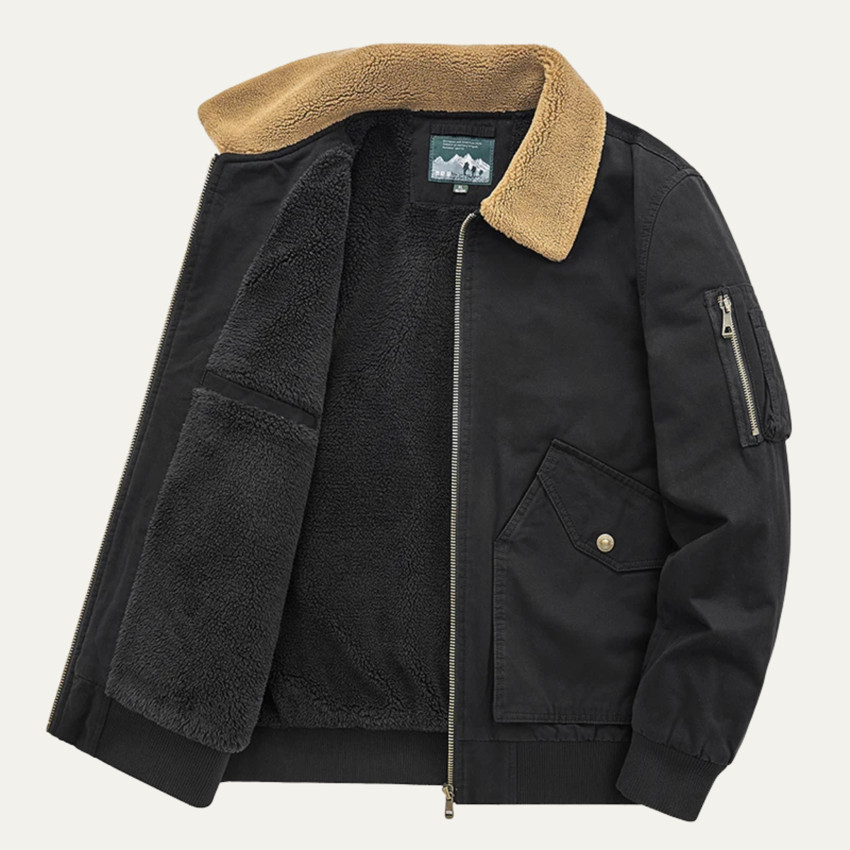 Sage | Men's Sherpa Lined Bomber Jacket Black Tan Collar