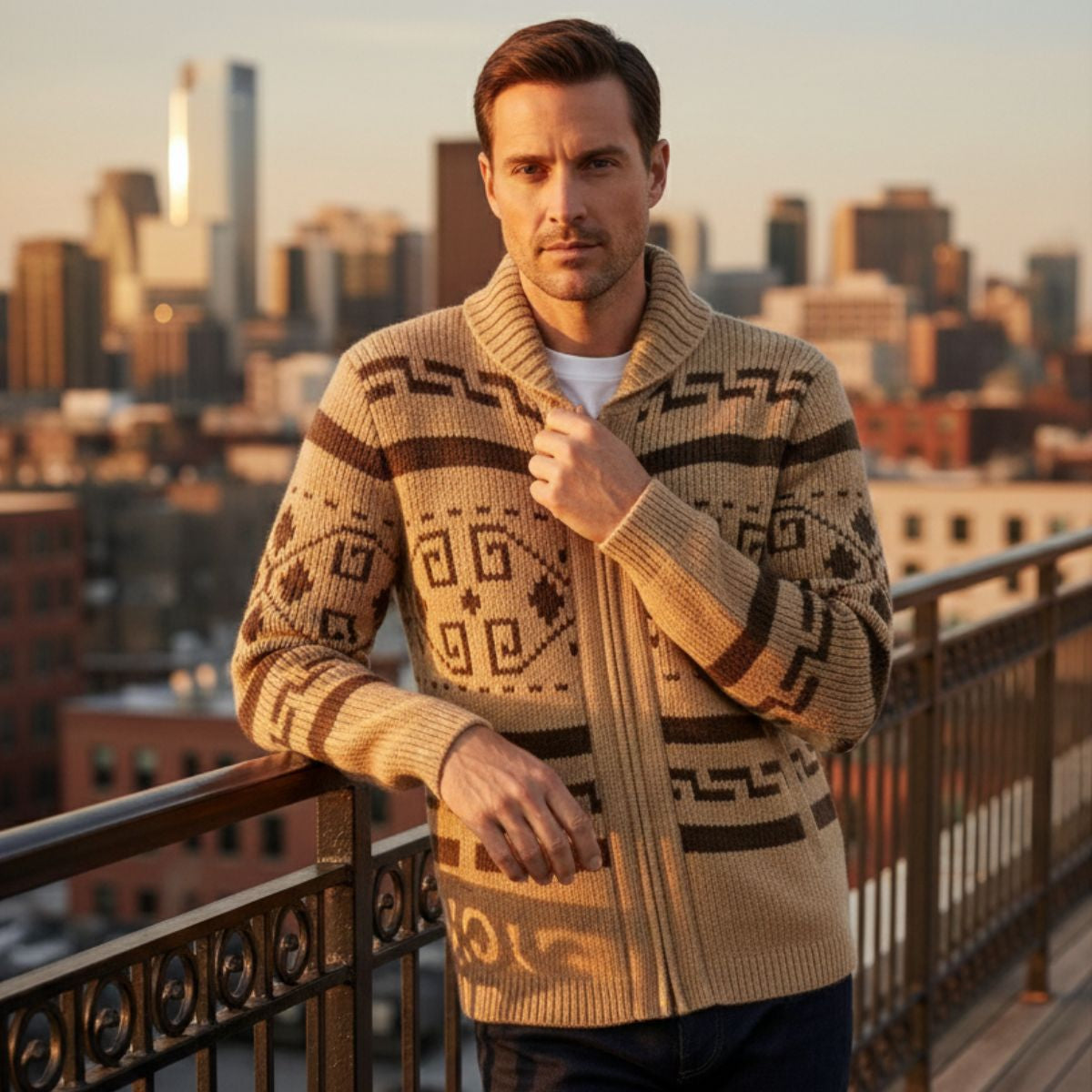 Bram | Men's Vintage Shawl Collar Cardigan Cream Geometric Pattern