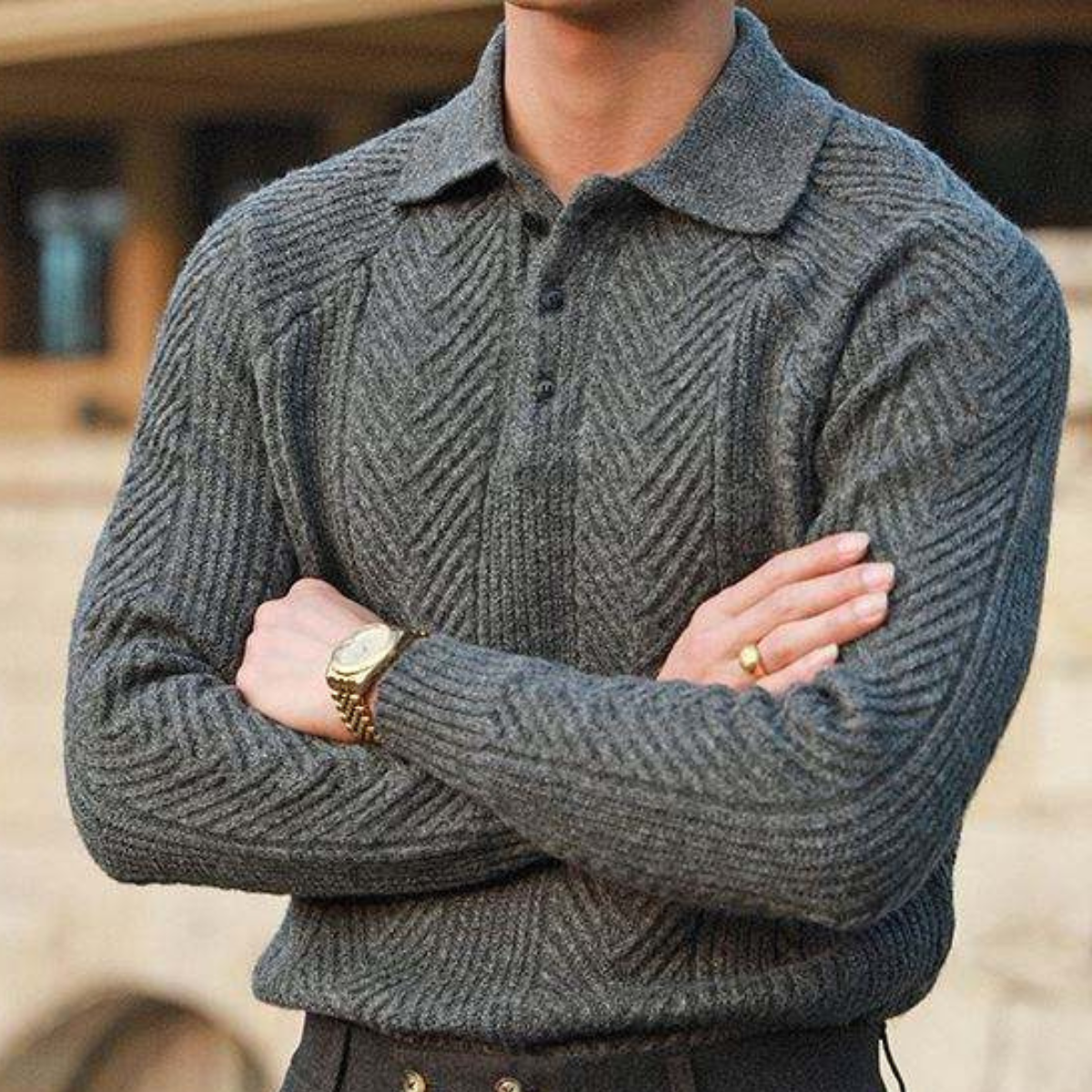 Beau | Men's Cable Knit Polo Sweater Gray Chunky Knit