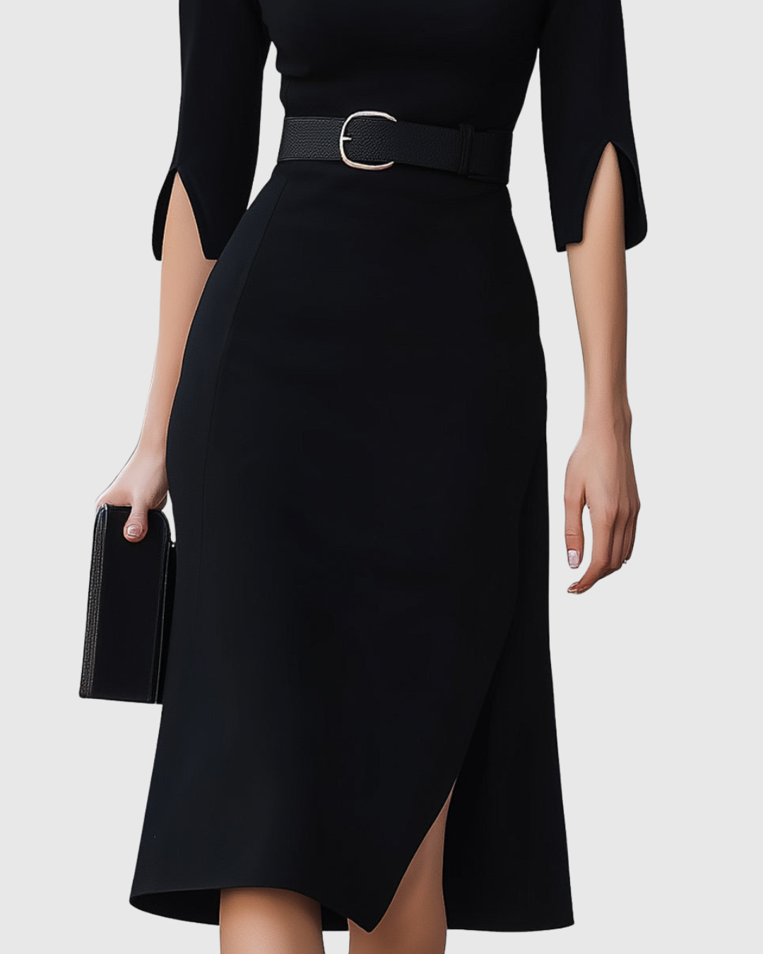 Elise | Women's Black Midi Dress Belted Cowl Neck
