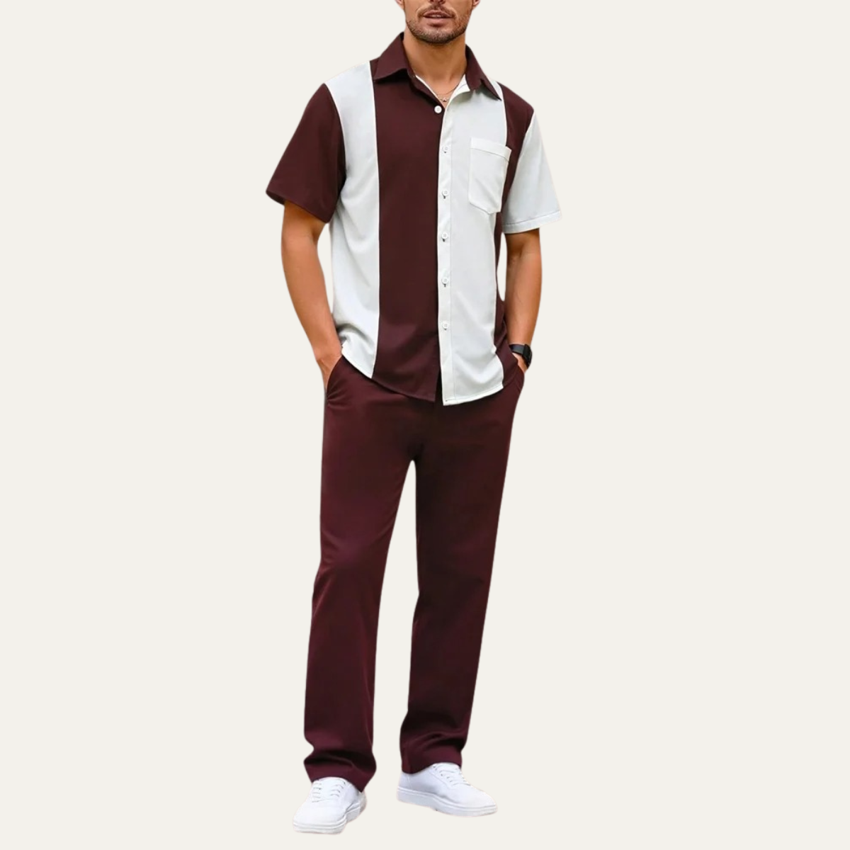 Beau | Men's Casual Color Block Button Up Shirt Burgundy White