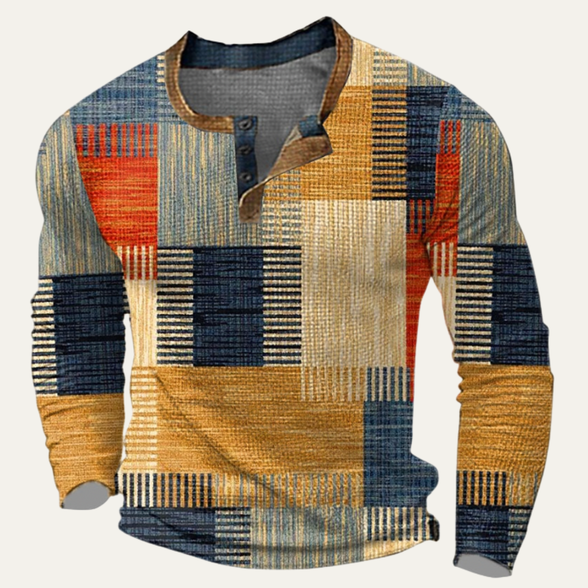 Sage | Men's Patchwork Henley Shirt Navy Gold Red