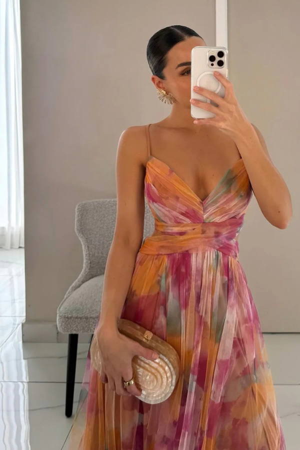 Stella | Women's Chiffon Maxi Dress Multicolor Pleat