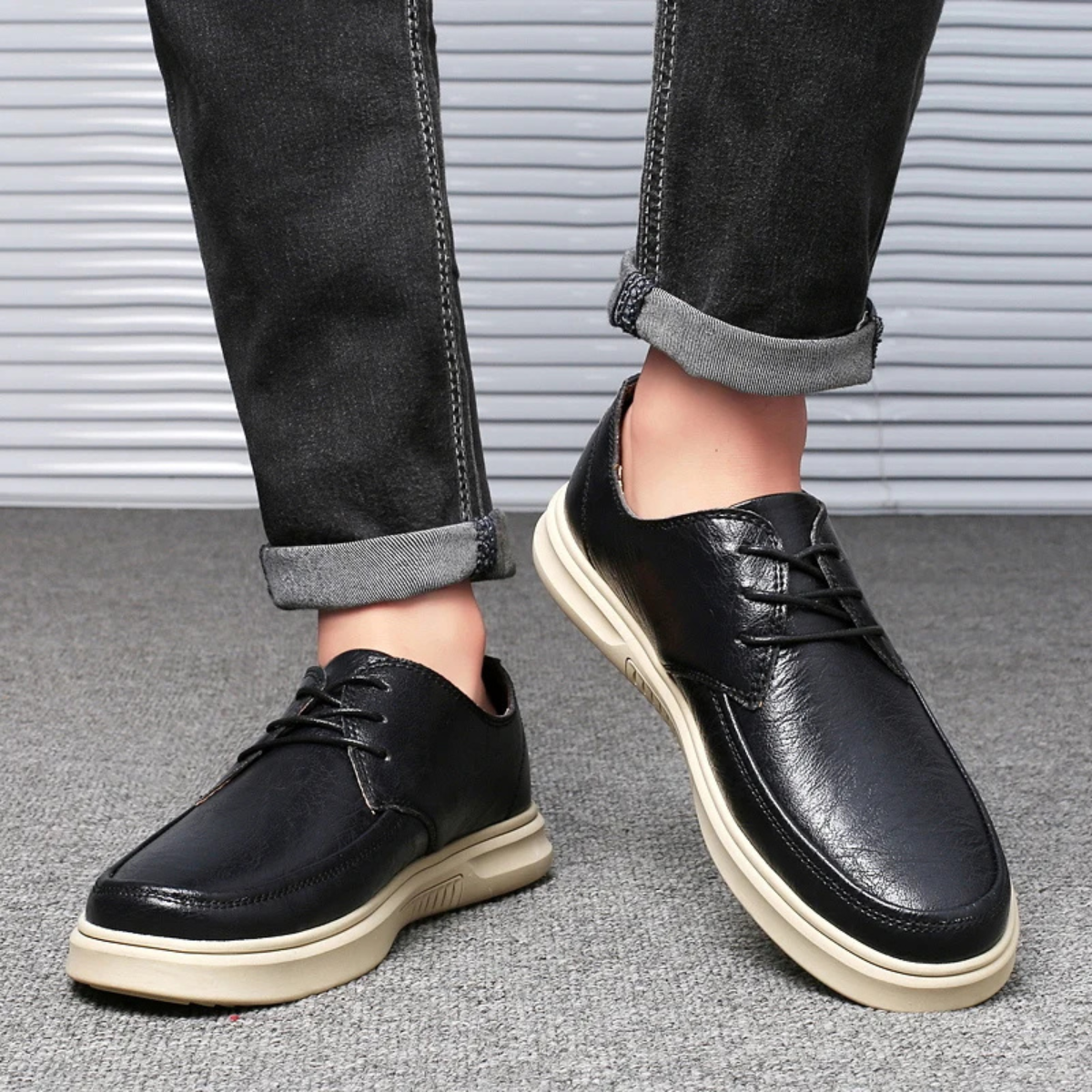 Bram | Men's Leather Lace Up Sneaker Black Cream Sole