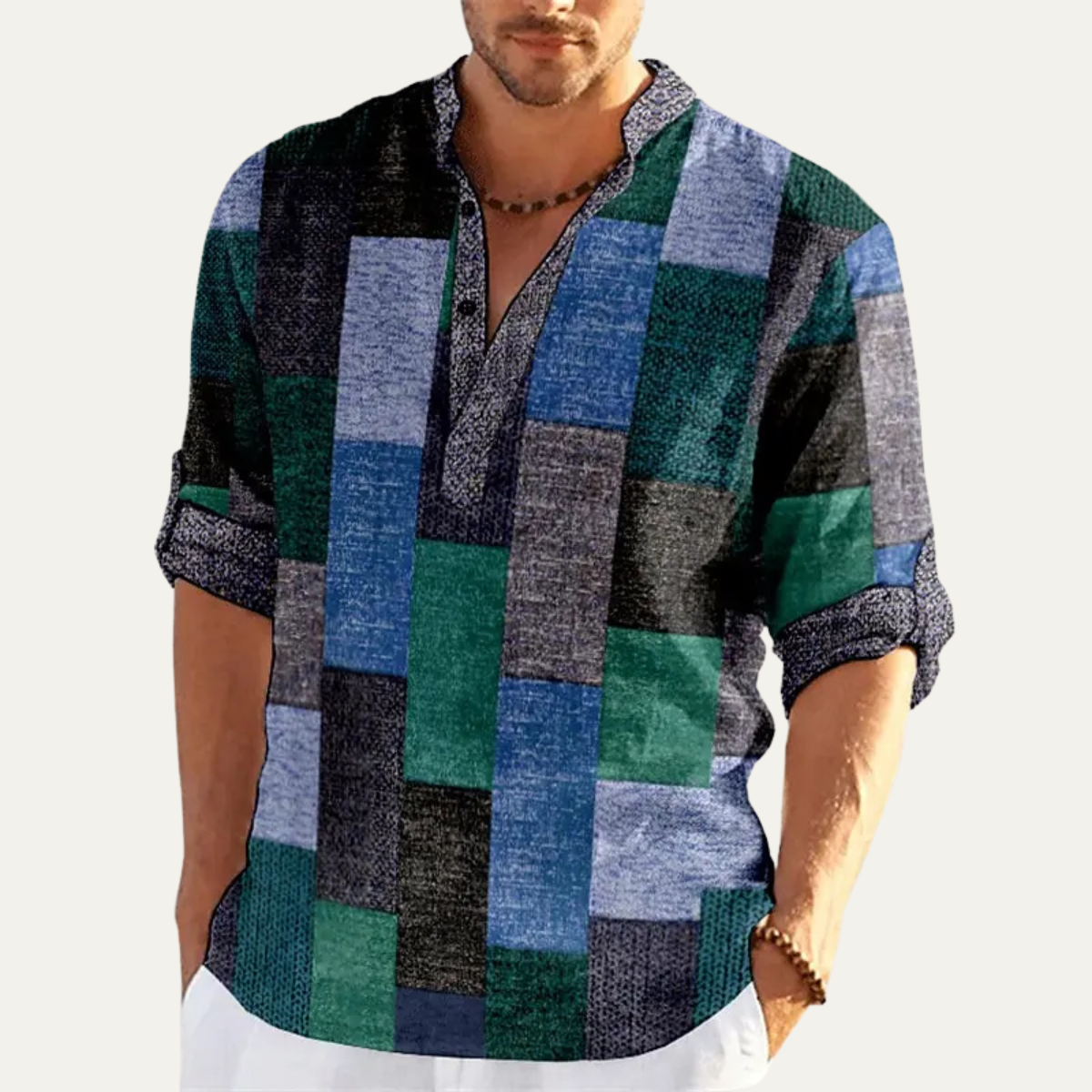 Axel | Men's Patchwork Casual Button Up Shirt Blue Green Black