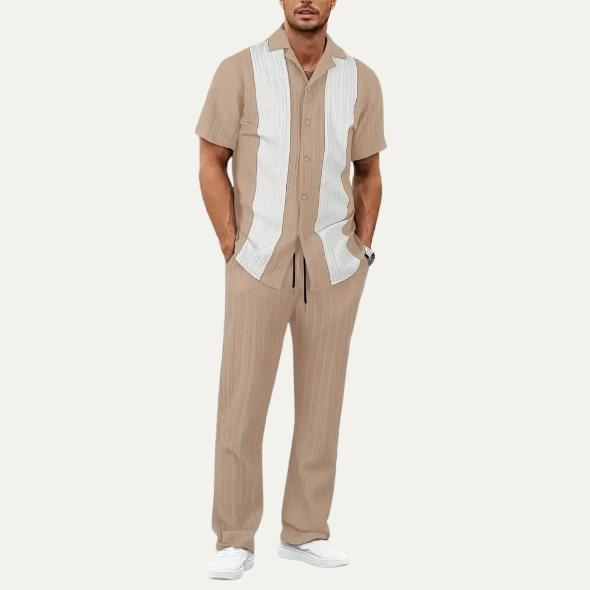 Callum | Men's Casual Striped Shirt Pants Set Beige Cream