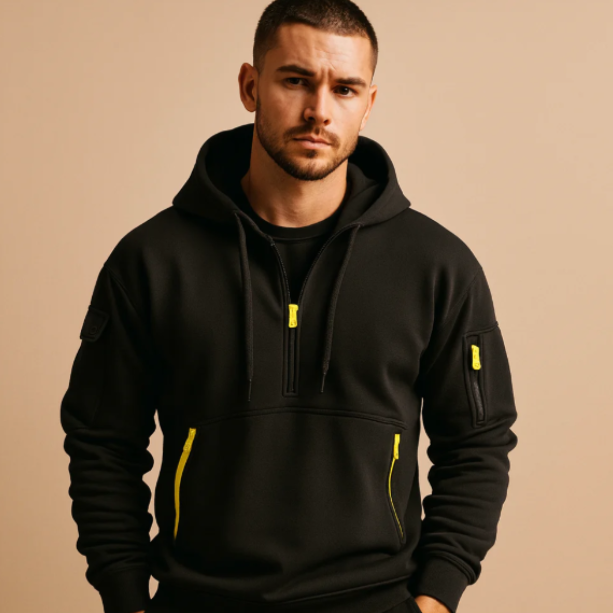 Beau | Men's Casual Half Zip Hoodie Navy Orange Zipper Pockets