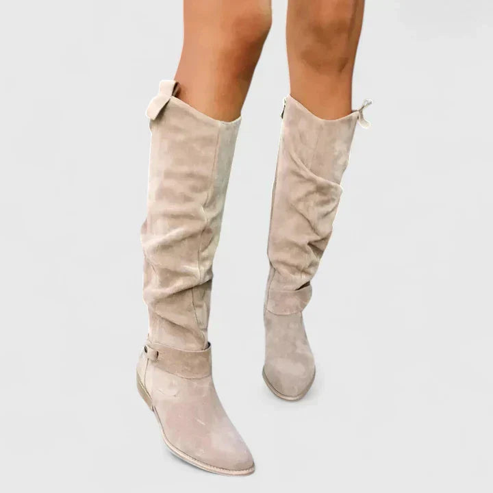 Maren | Women's Suede Knee High Boots Cream Buckle Detail