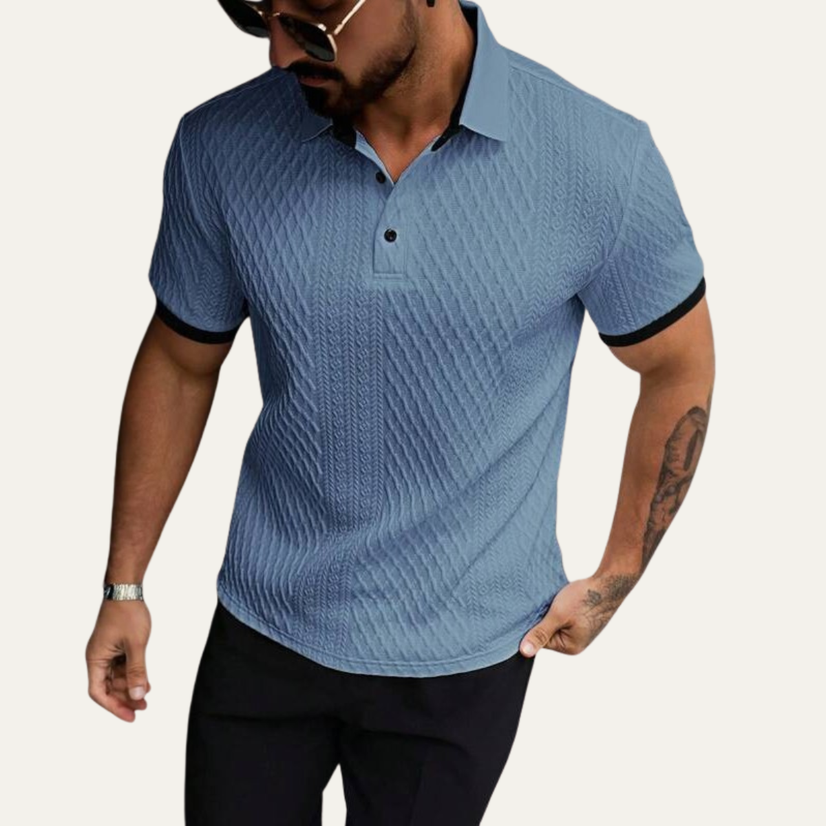 Cole | Men's Textured Polo Shirt Light Blue Contrast Trim