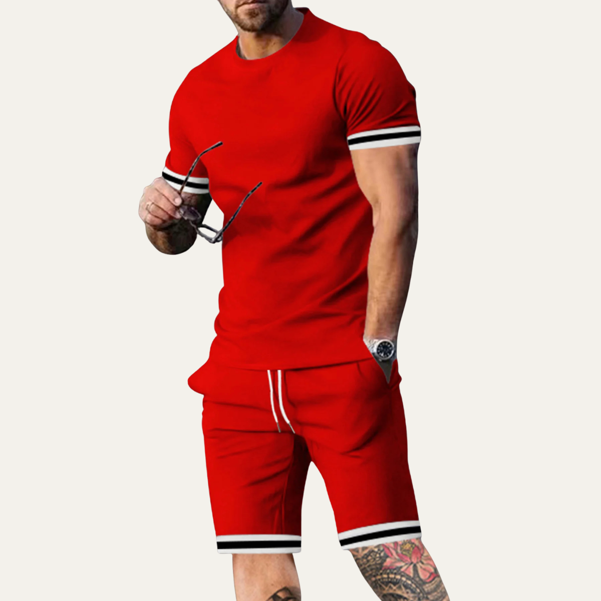 Ezra | Men's Sweatsuit Red Striped Sleeve Shorts Set