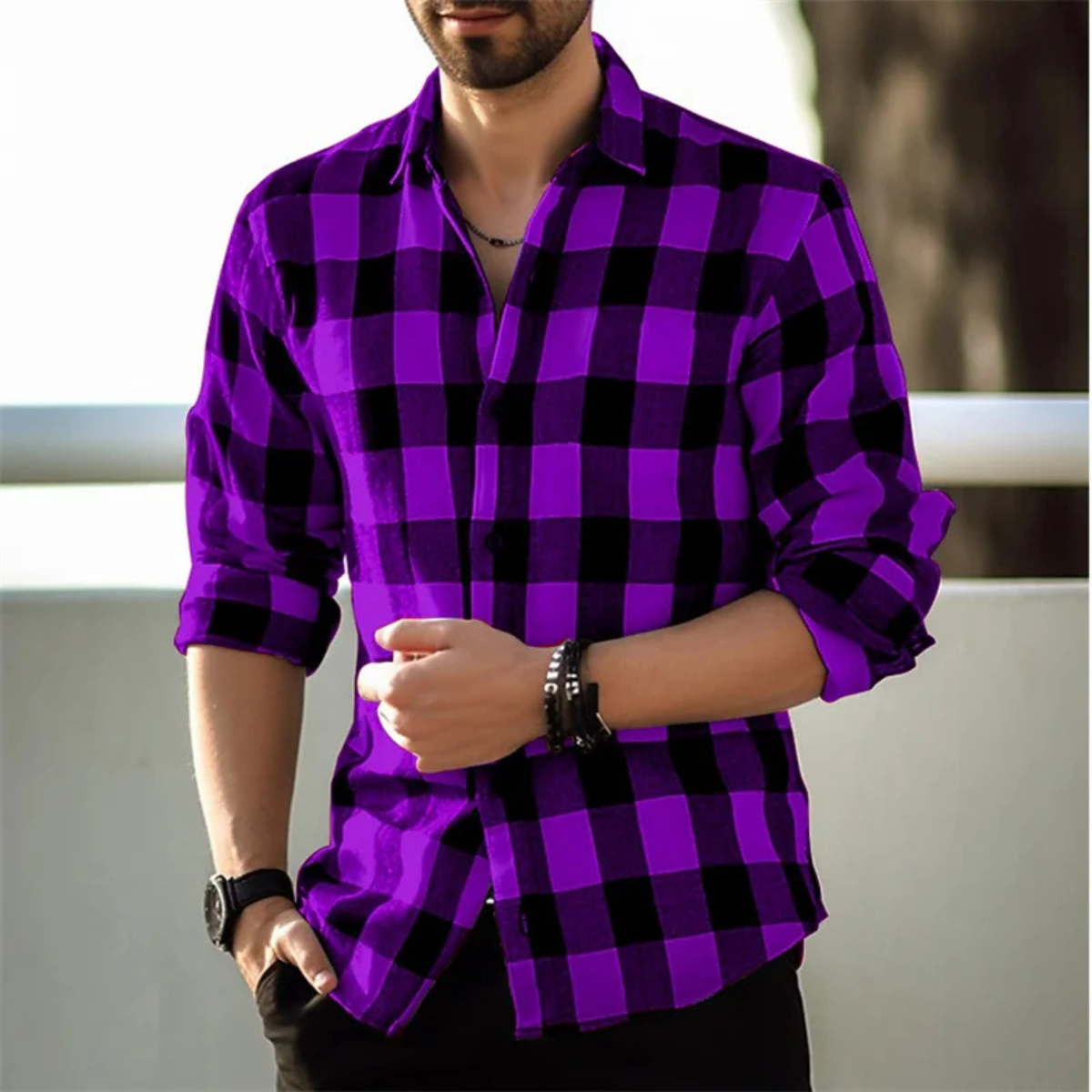 Axel | Men's Check Button Up Shirt Purple Black