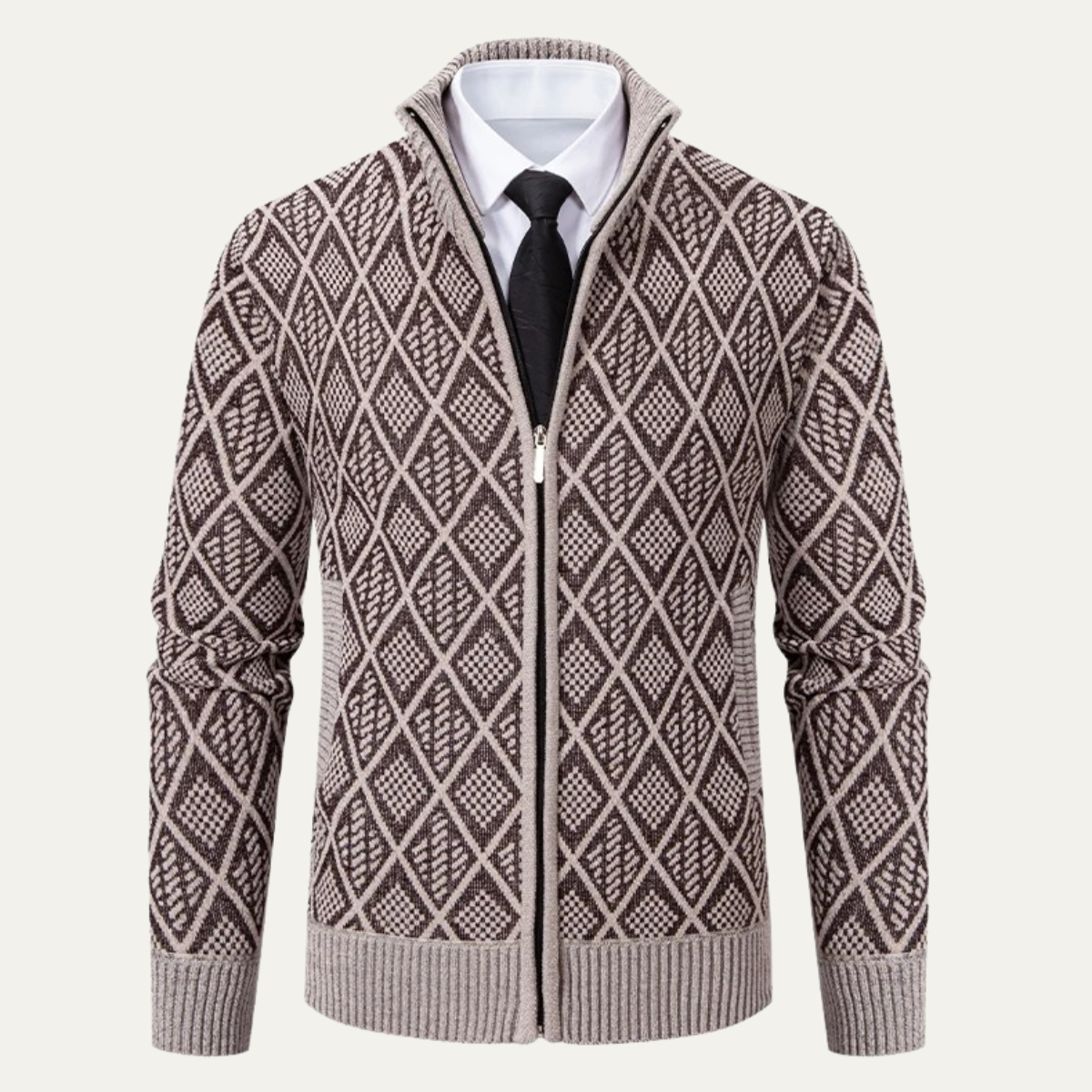 Sage | Men's Argyle Zip Up Cardigan Cream Diamond Knit