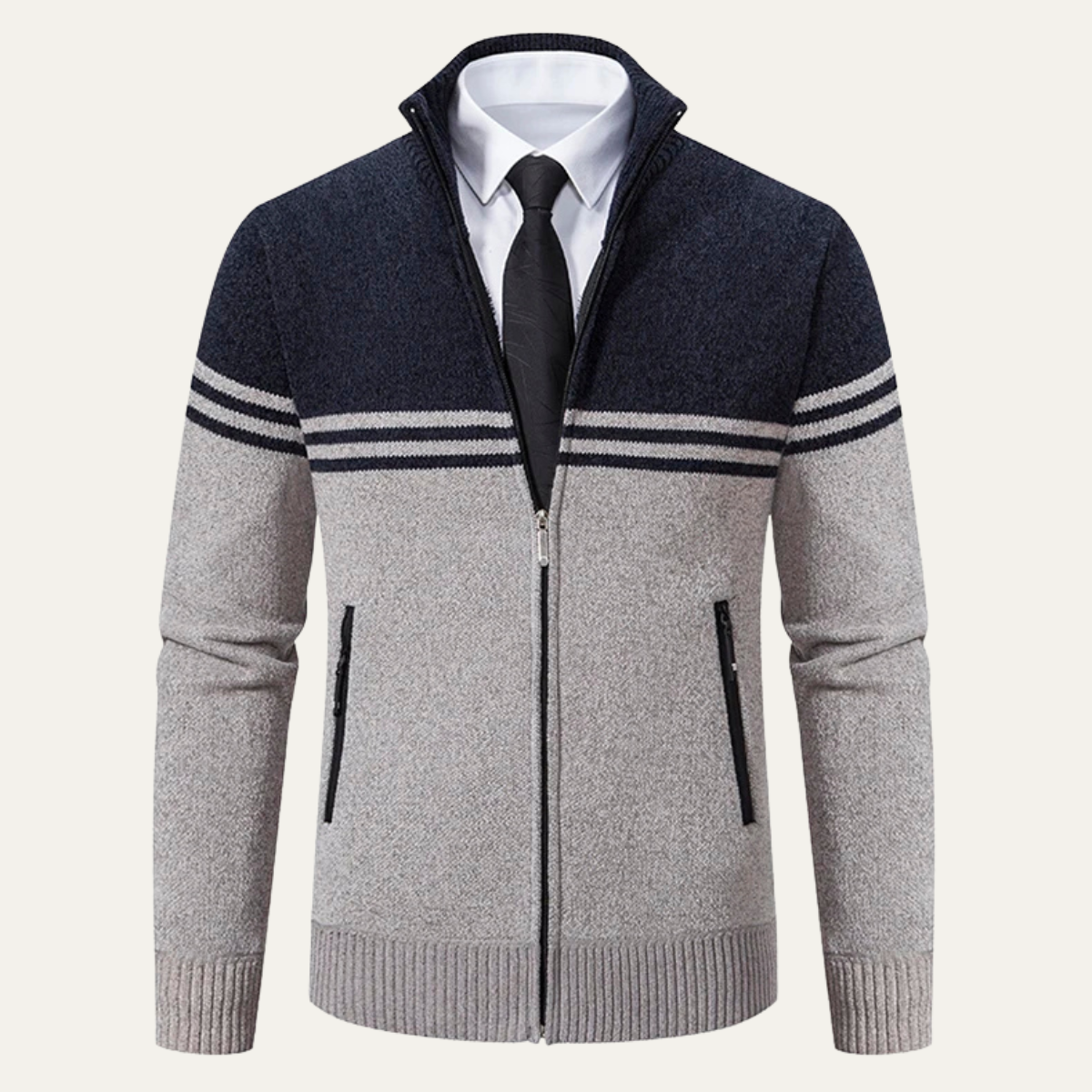 Voss | Men's Striped Zip Up Cardigan Gray Navy