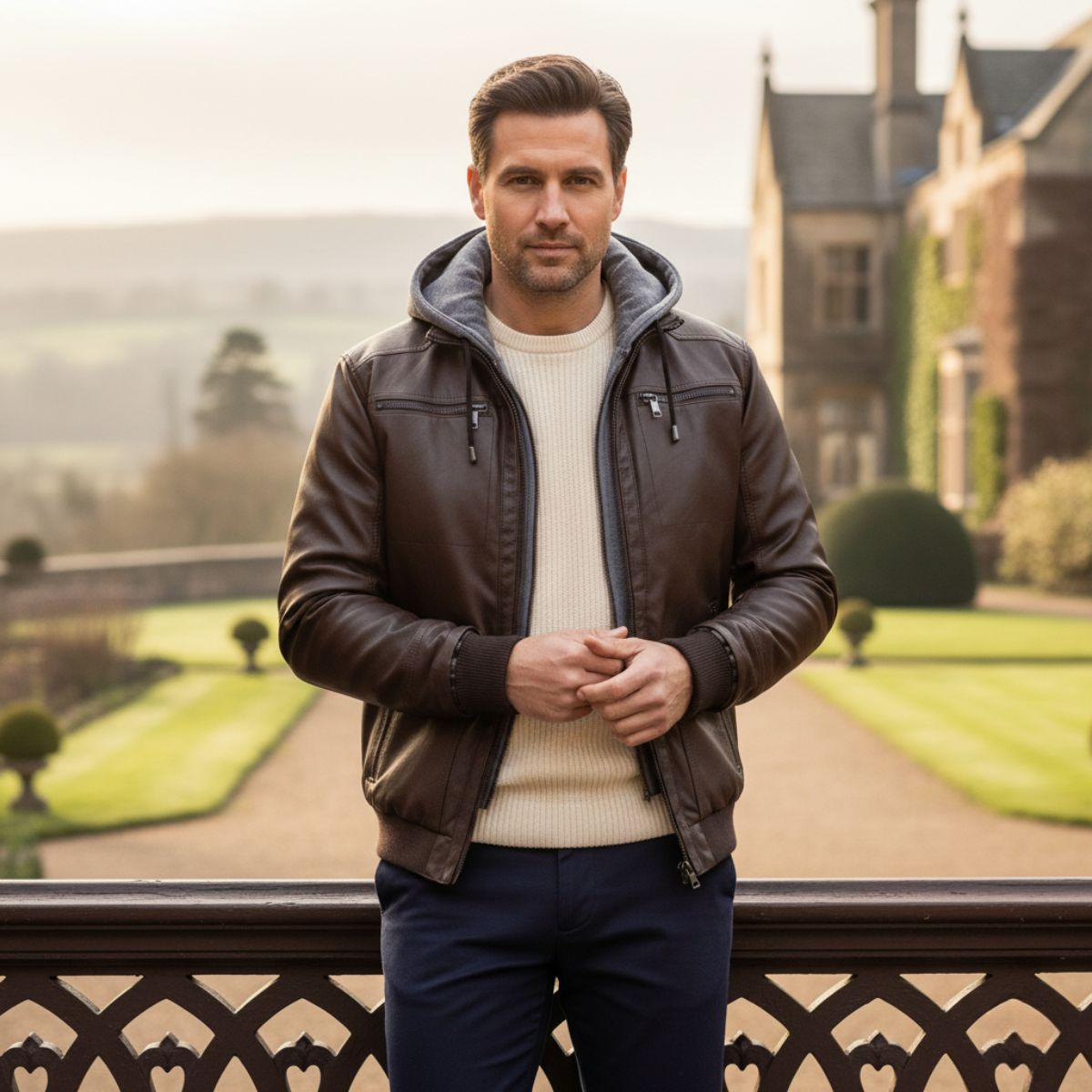 Voss | Men's Leather Jacket Black Hooded Bomber