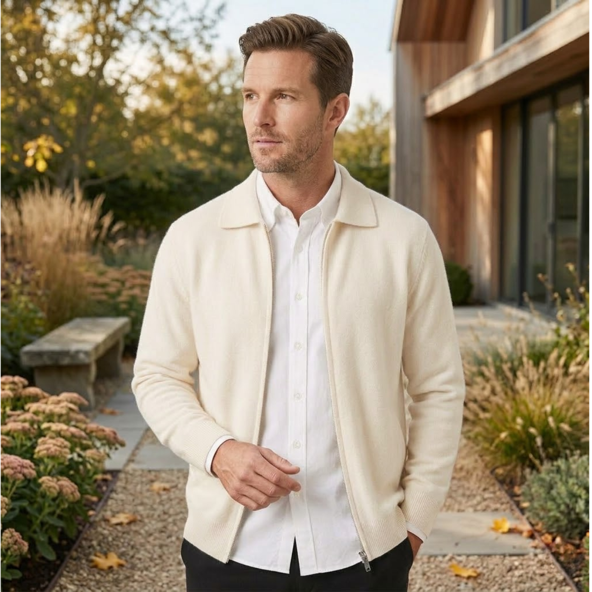 Callum | Men's Cardigan Cream Wool Blend Button Up