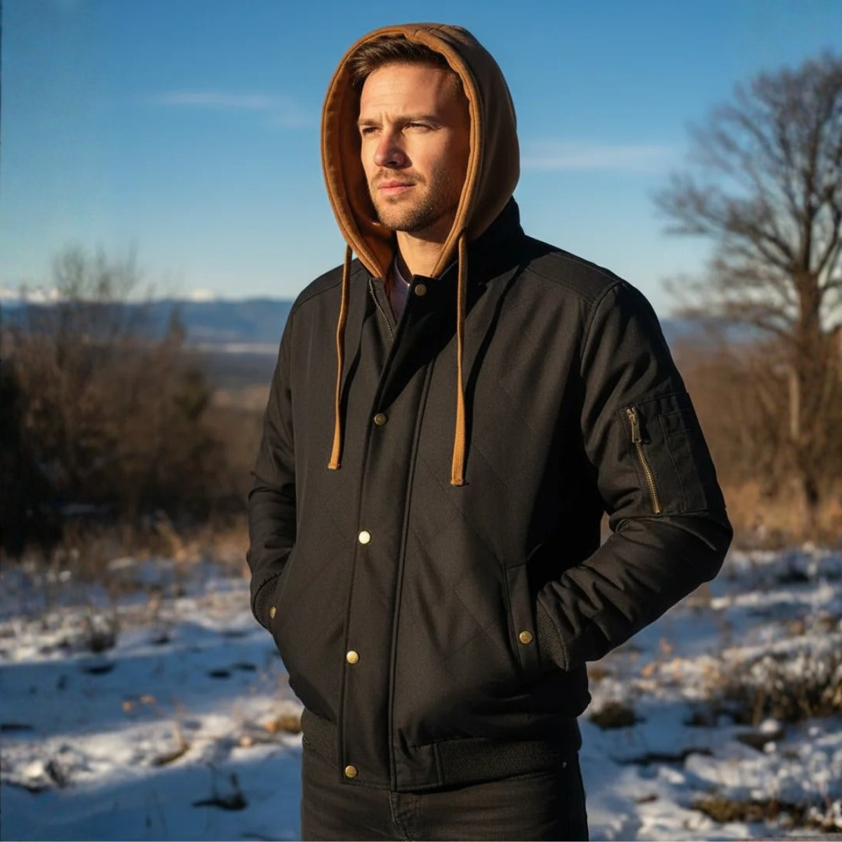 Callum | Men's Hooded Bomber Jacket Black Fleece Lined