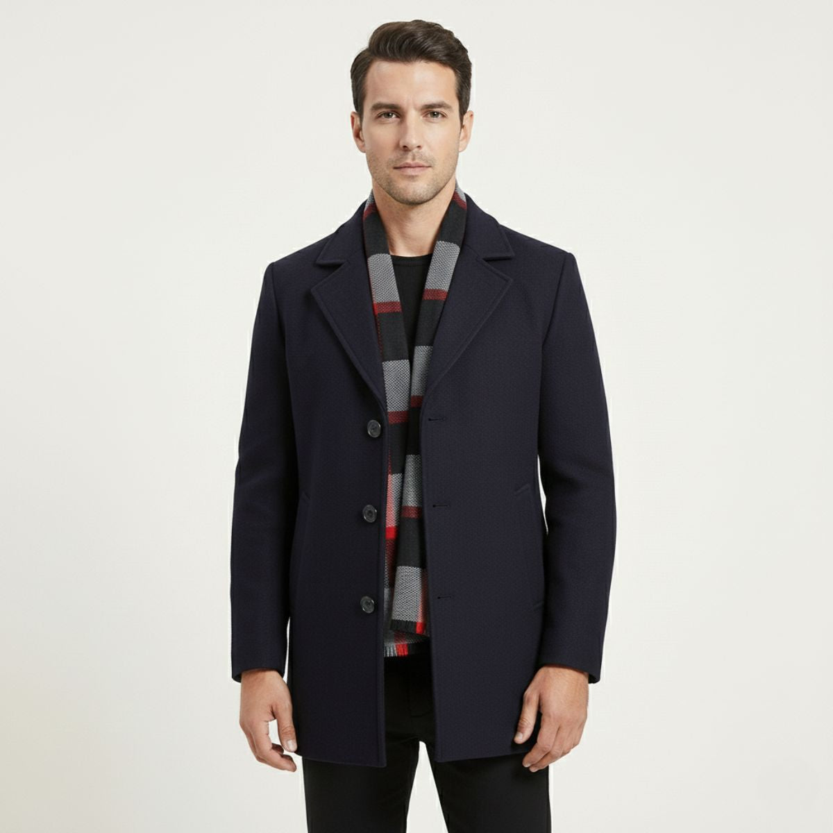 Callum | Men's Wool Overcoat Black With Striped Scarf Collar
