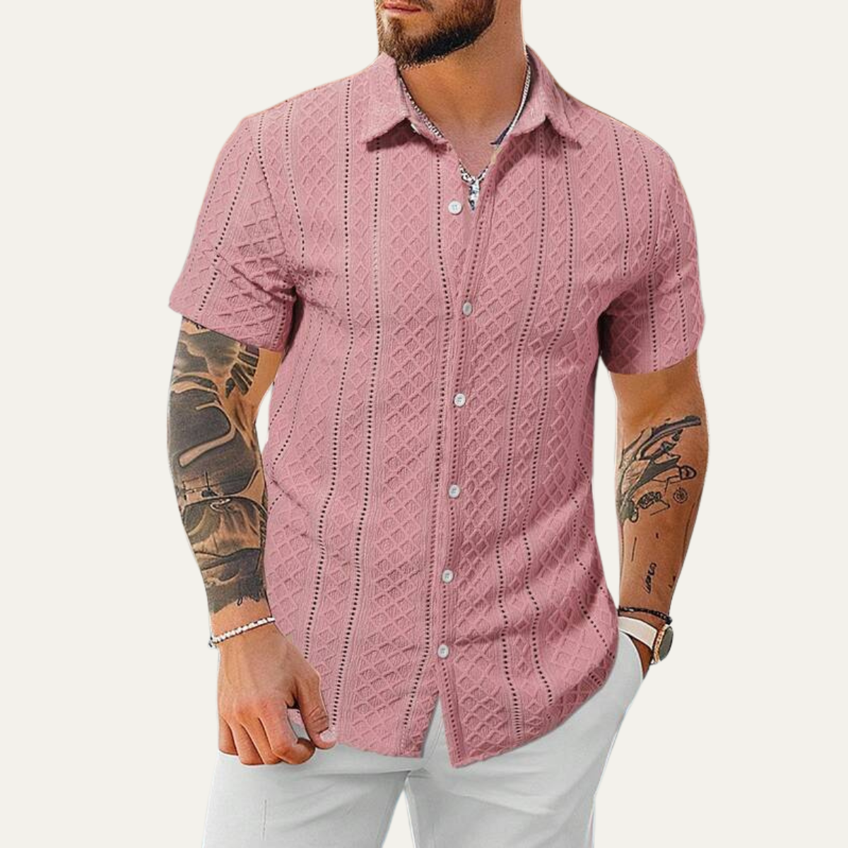 Ash | Men's Casual Textured Button Up Shirt Pink Short Sleeve