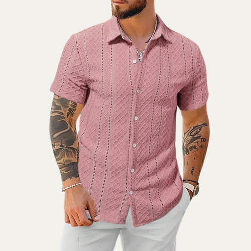 Dama Washington Ash men's casual textured button up shirt pink short sleeve - front view