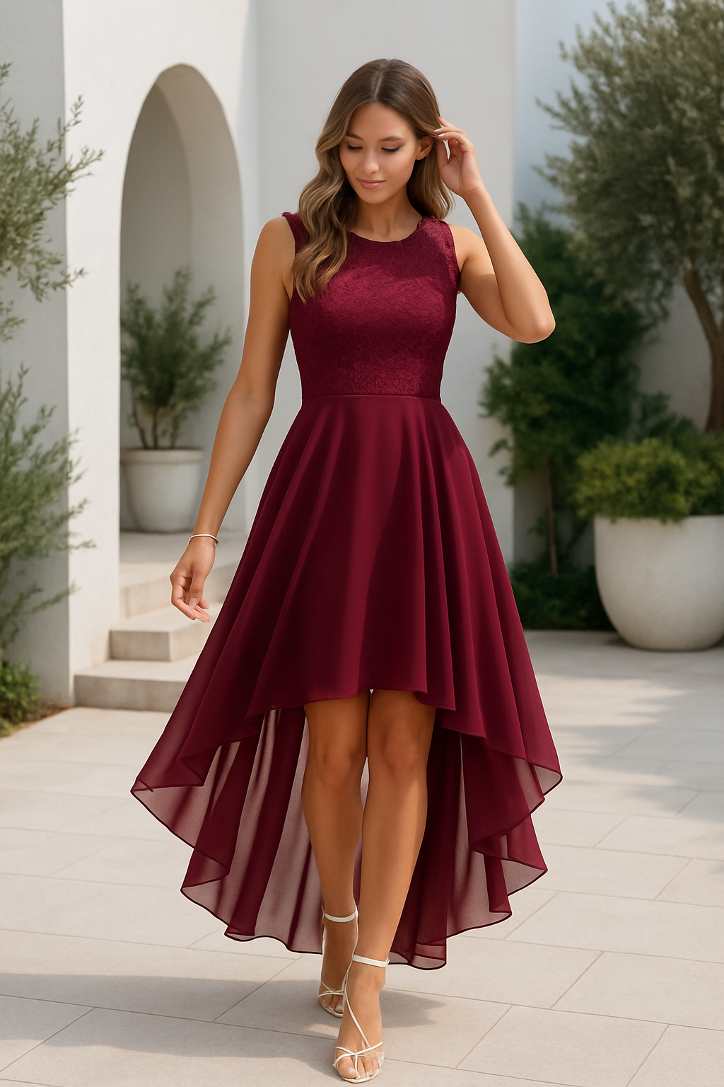Lola | Women's High Low Formal Dress Burgundy Lace