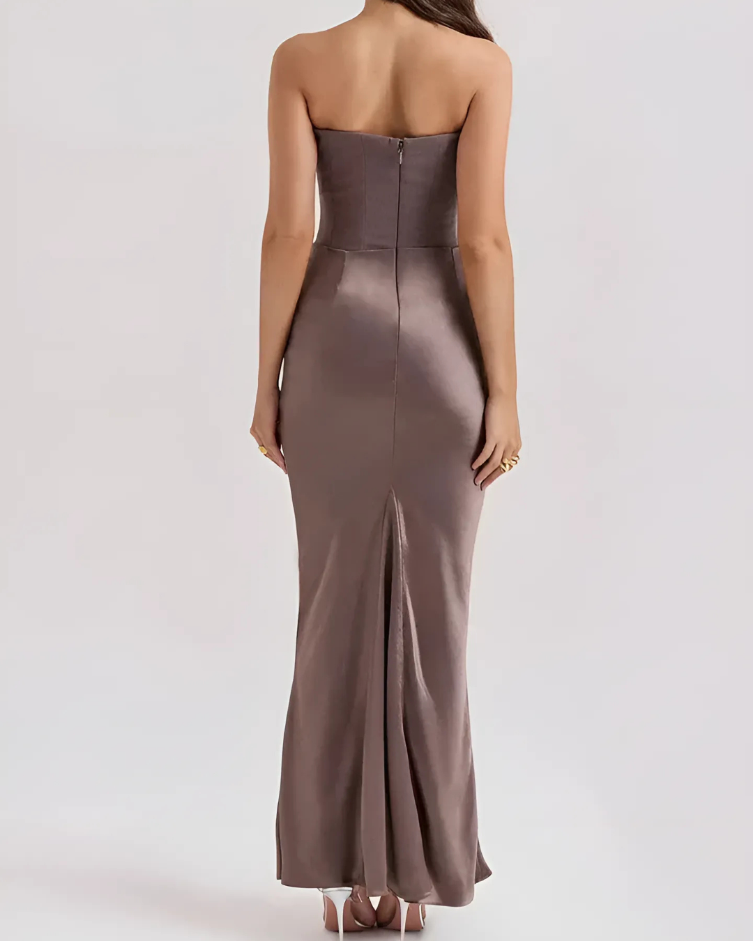 Celine | Women's Ruched Satin Maxi Dress Brown