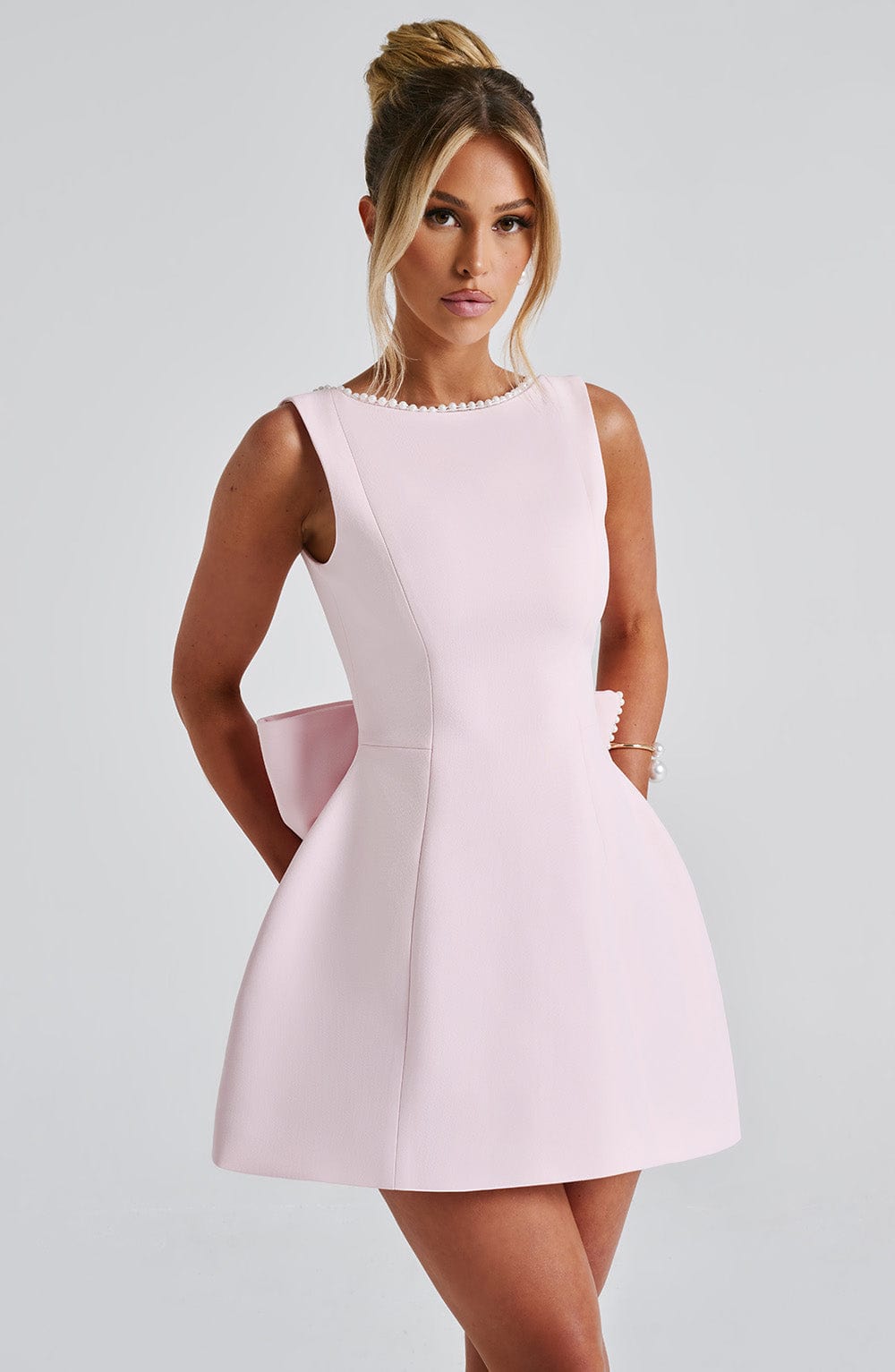 Vera | Women's Coquette Fit And Flare Mini Dress Pink Pearl Trim