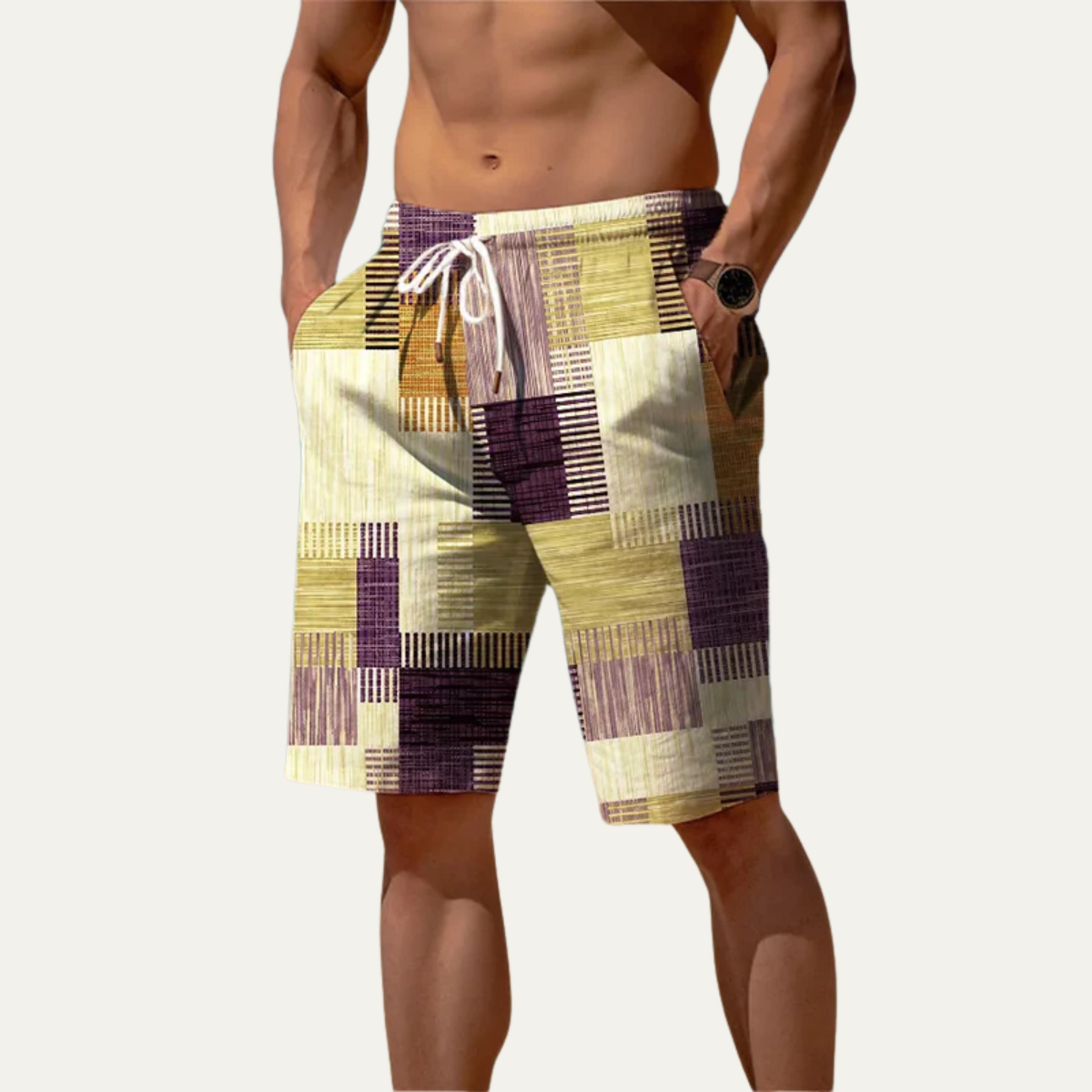 Beau | Men's Casual Board Shorts Yellow Purple Plaid