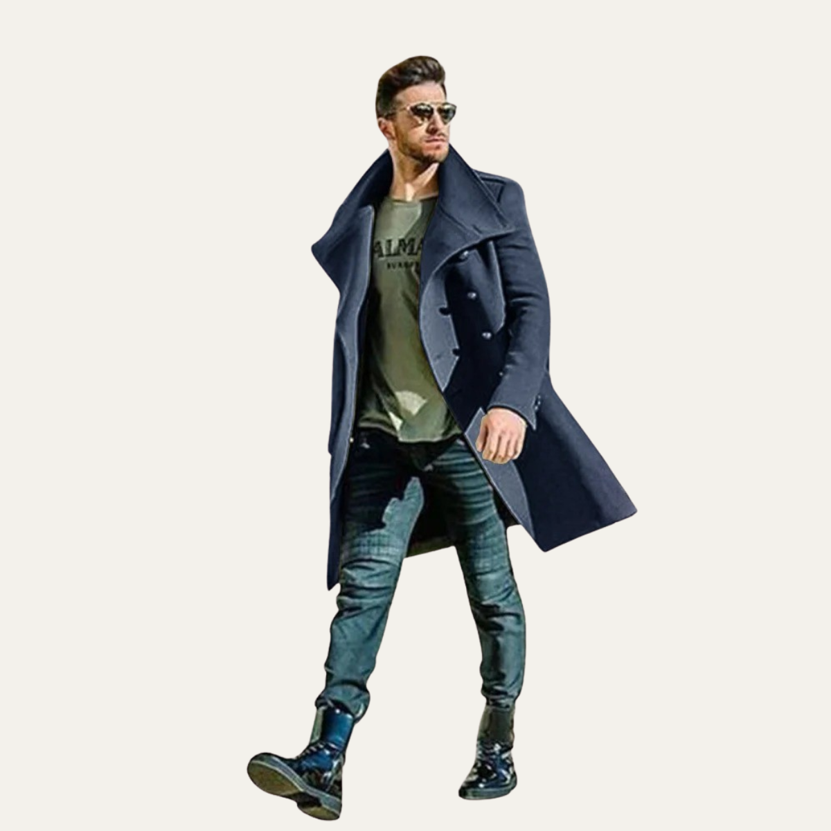 Ash | Men's Double Breasted Wool Coat Navy Long Sleeve Tailored