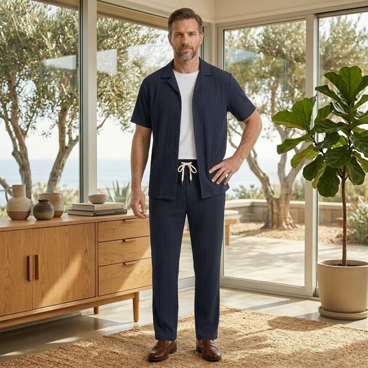 Axel | Men's Casual Pinstripe Linen Set Navy Short Sleeve