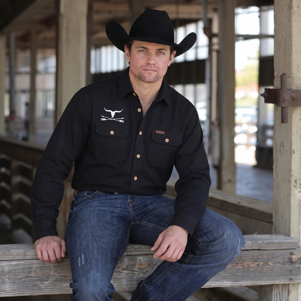 Callum | Men's Western Denim Shirt Black Cowboy Print
