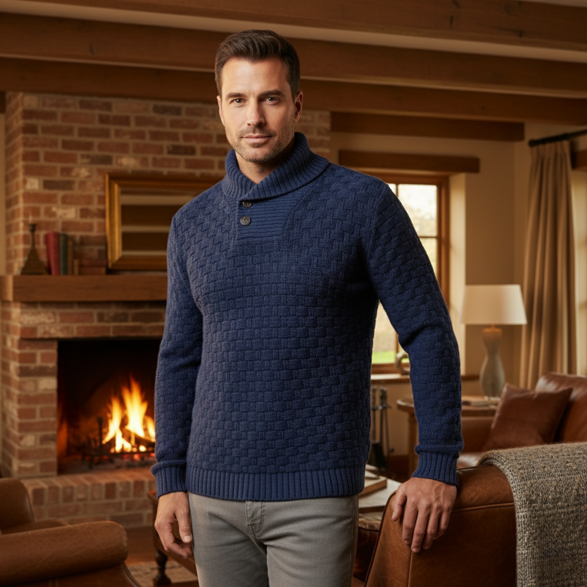 Beau | Men's Chunky Knit Sweater Navy Shawl Collar Button