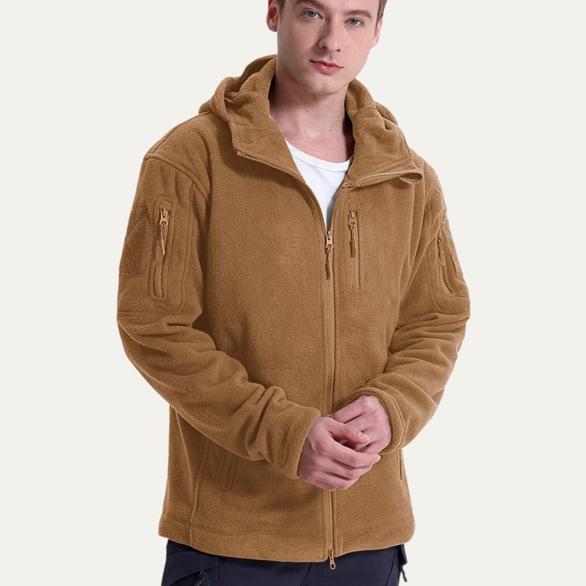 Axel | Men's Fleece Jacket Camel Hooded Tactical Multi Pocket