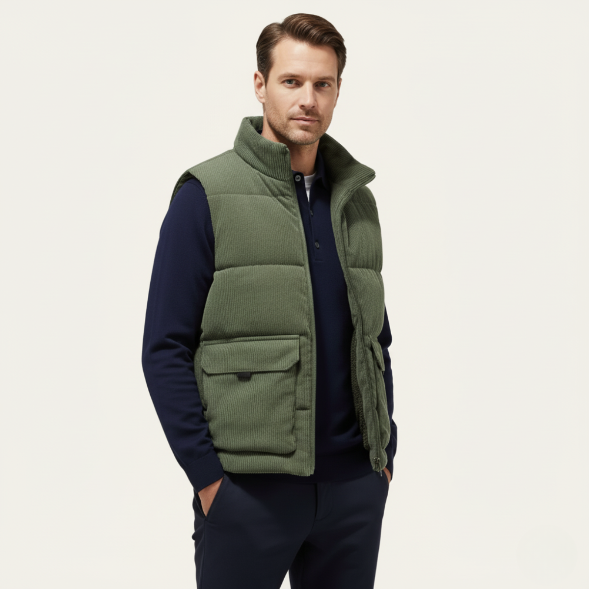 Bram | Men's Corduroy Puffer Vest Tan Sherpa Lined