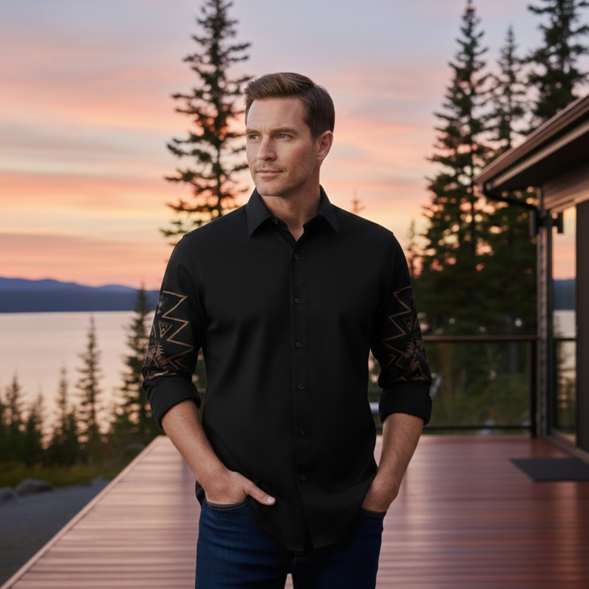 Wyatt | Men's Boho Button Up Shirt Teal Geometric Sleeves
