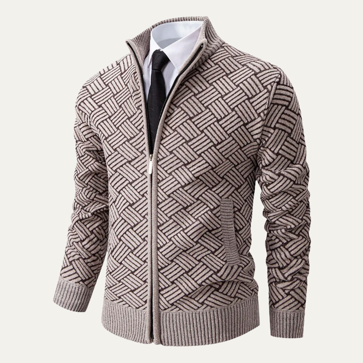 Knox | Men's Geometric Patterned Cardigan Sweater Beige