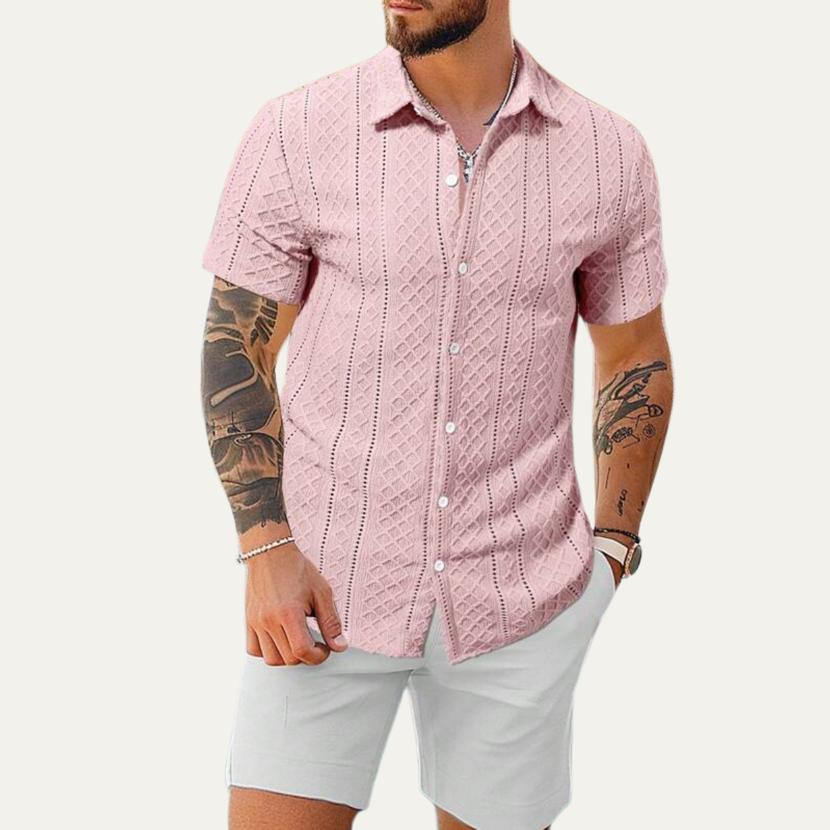 Kai | Men's Textured Button Up Shirt Pink Short Sleeve