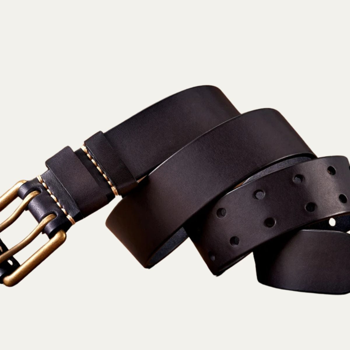Isla | Men's Leather Belt Black Double Pin Gold Buckle