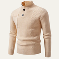 Dama Washington Axel men's cable knit sweater cream mock neck button detail - front view