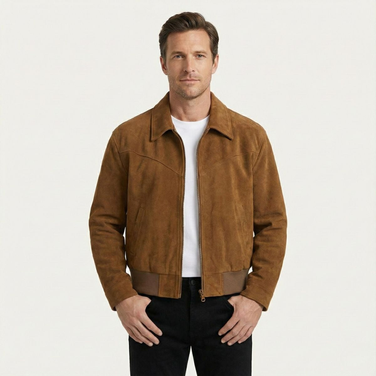 Axel | Men's Suede Leather Jacket Brown Collared Zip Up