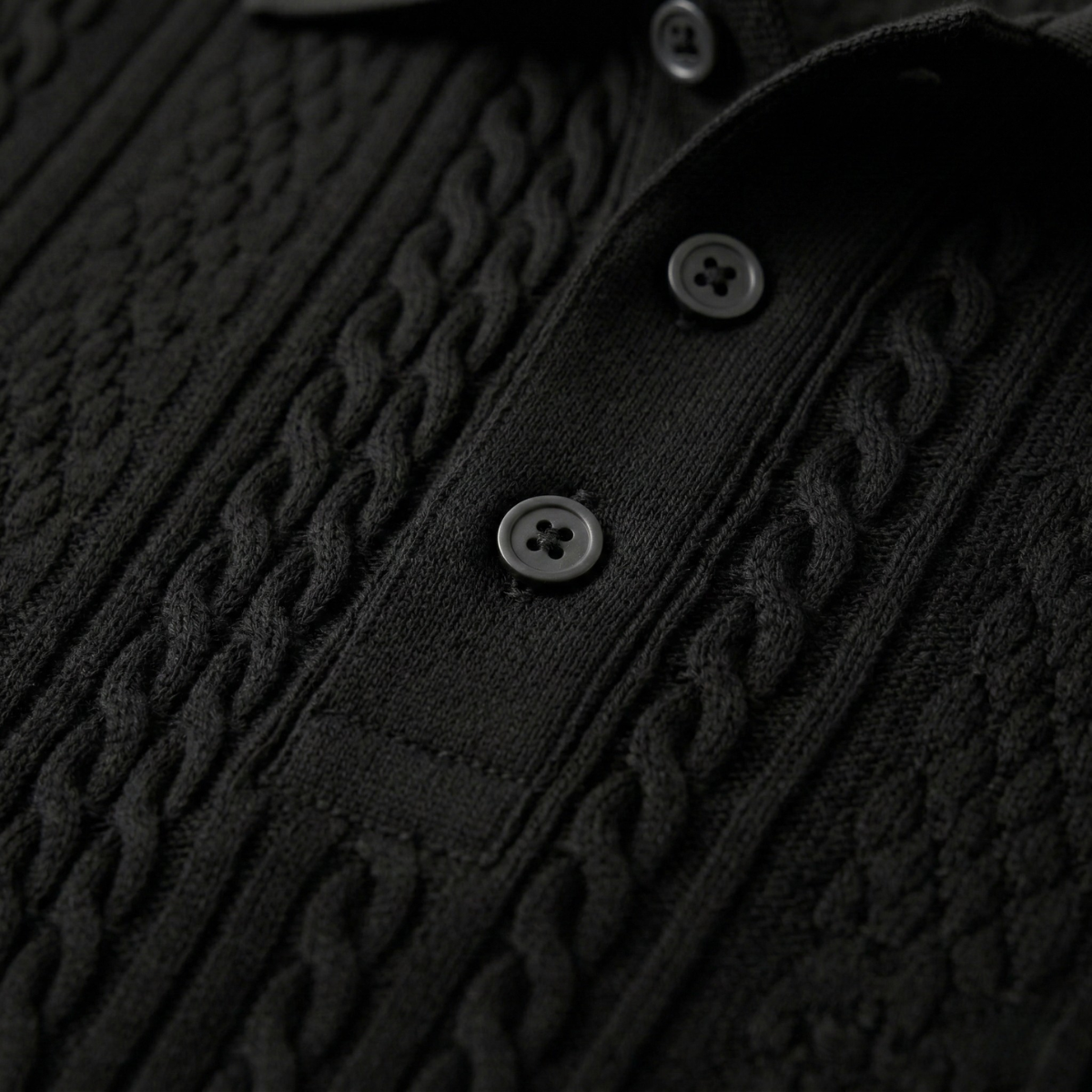 Beau | Men's Cable Knit Polo Shirt Black Short Sleeve