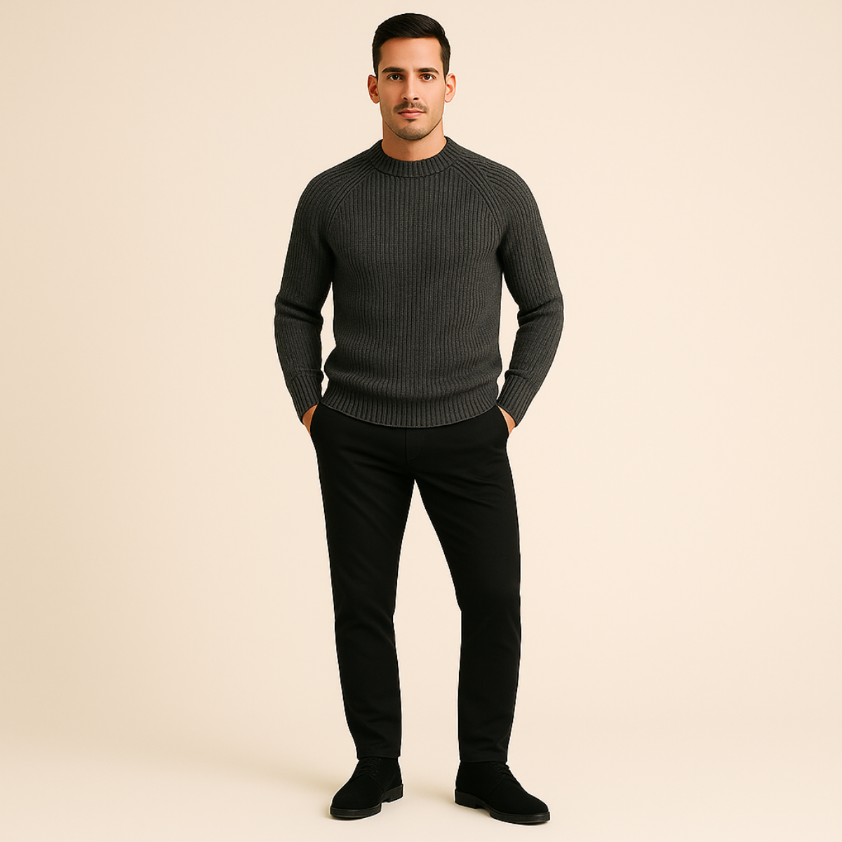 Bram | Men's Crew Neck Sweater Cream Ribbed Knit