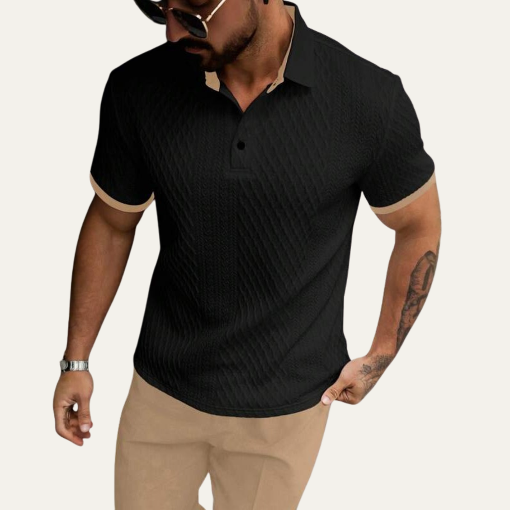 Dama Washington Axel men's textured polo shirt black contrast trim - front view