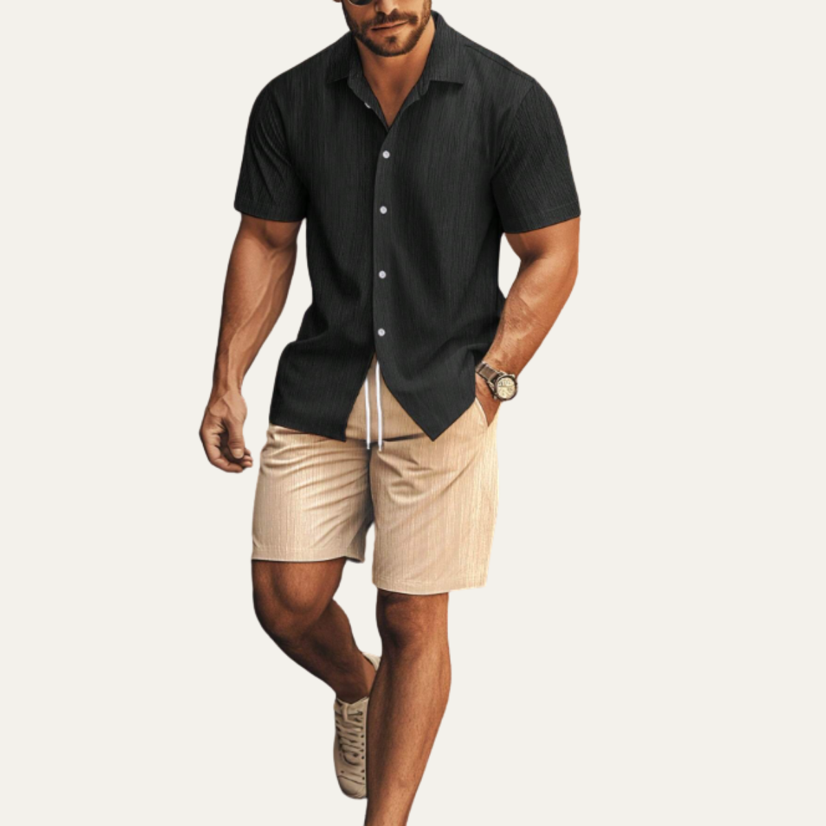 Lars | Men's Casual Linen Shirt Cream Drawstring Shorts Set Black
