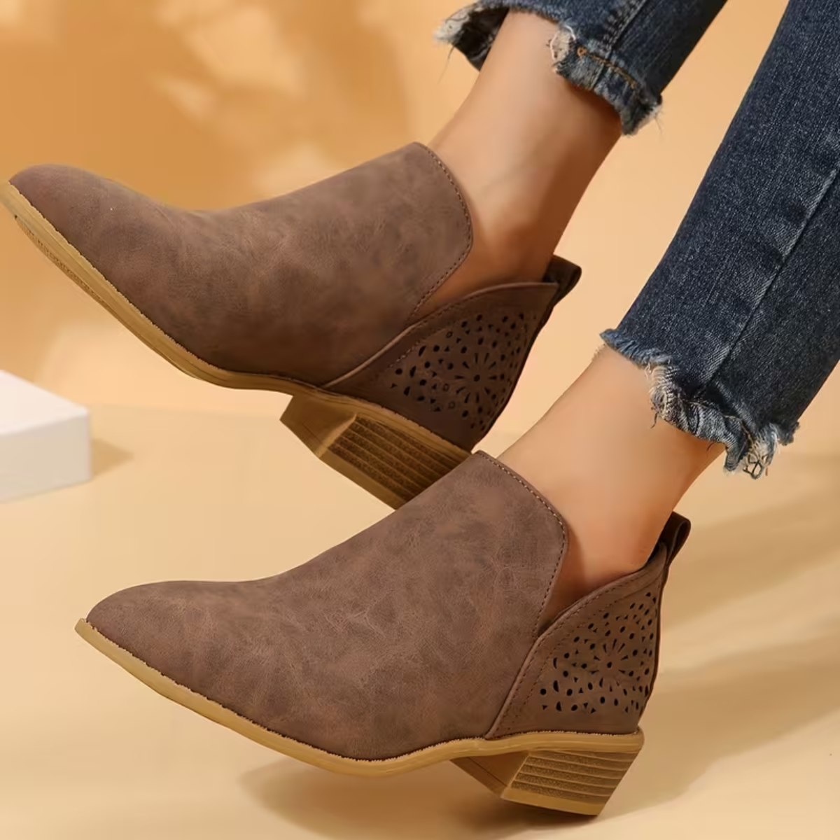 Thea | Women's Perforated Ankle Boots Cream Comfortable Short Heel