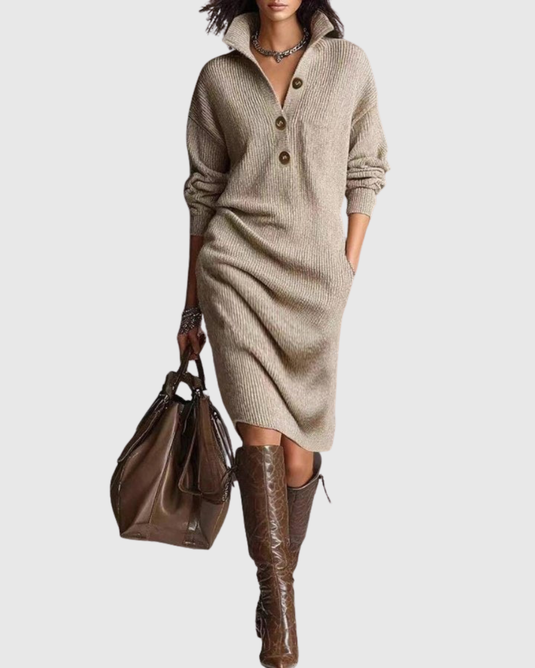 Ivy | Women's Knit Sweater Dress Black Button Up