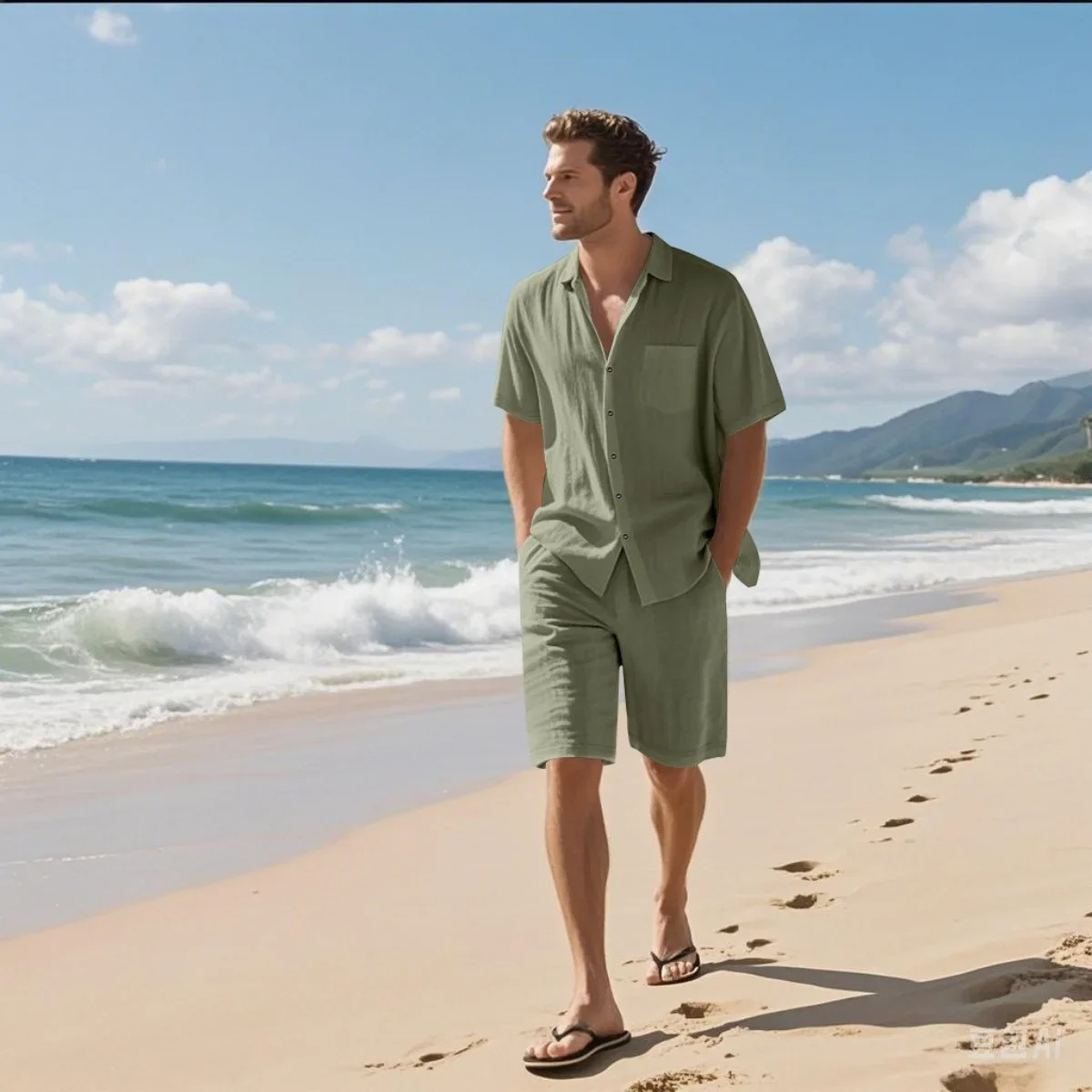 Dama Washington Blake men's linen shirt shorts set sage green casual - front view