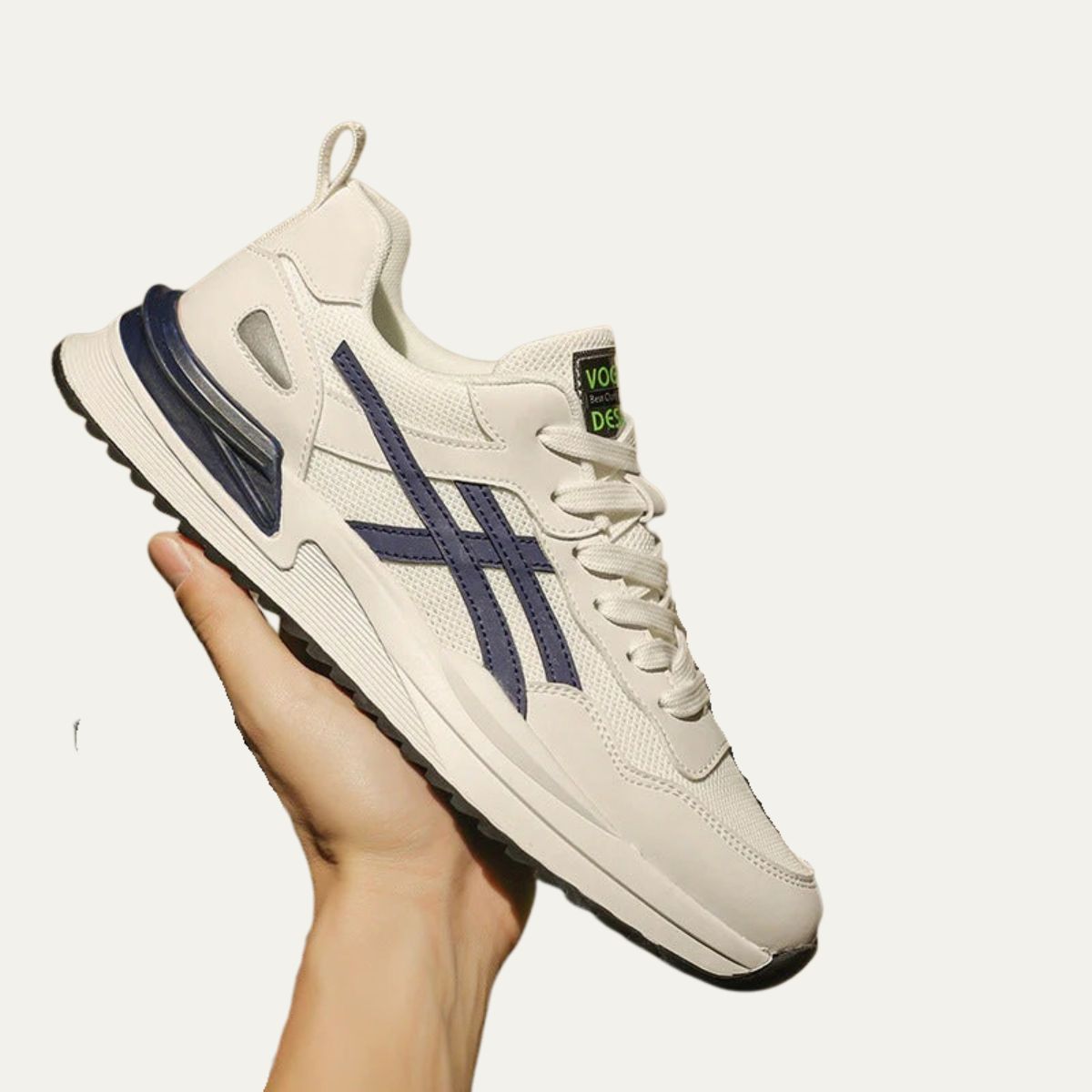 Bram | Men's Cream Navy Mesh Lace Up Runner Sneaker