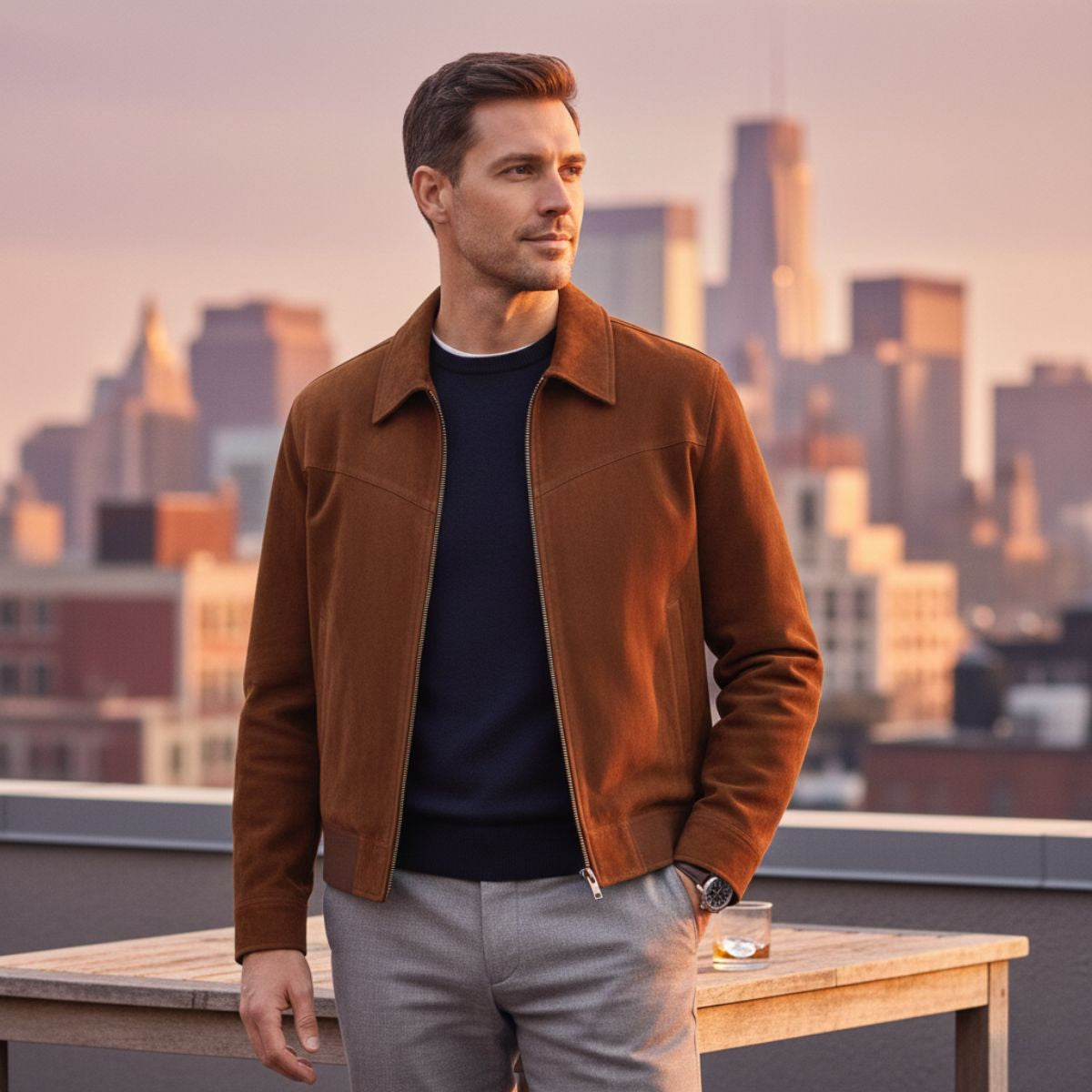 Axel | Men's Suede Leather Jacket Brown Collared Zip Up