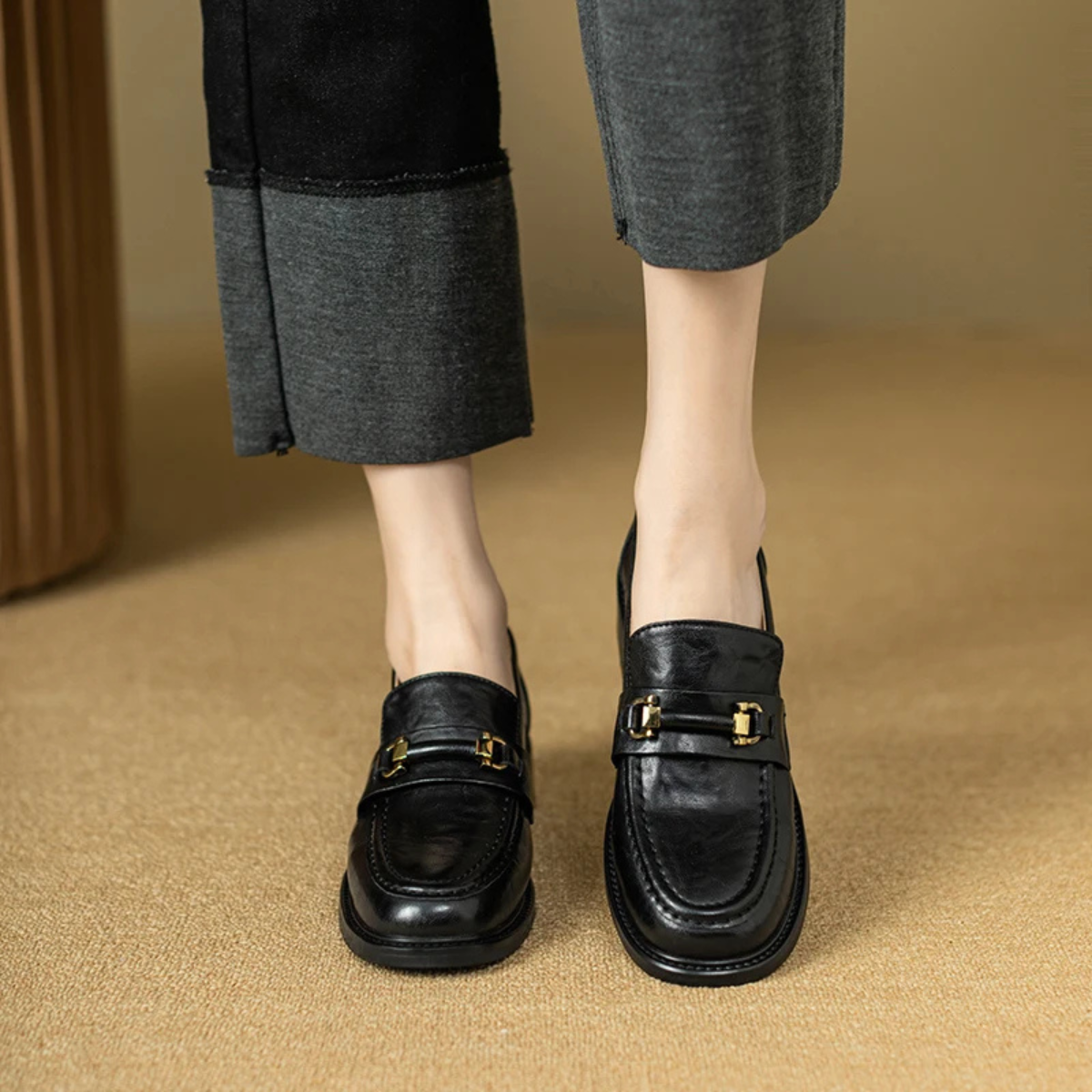 Axel | Men's Classic Slip On Leather Loafers Black Metal Buckle