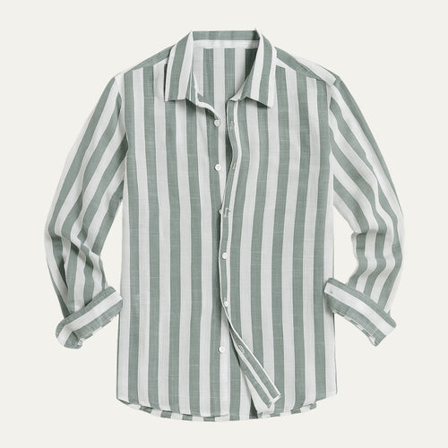 Dama Washington Axel men's linen striped button up shirt green white - front view